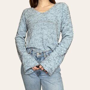 Y2k fuzzy flare sleeve v-neck long sleeve sweater tee Blue Asphalt - Medium